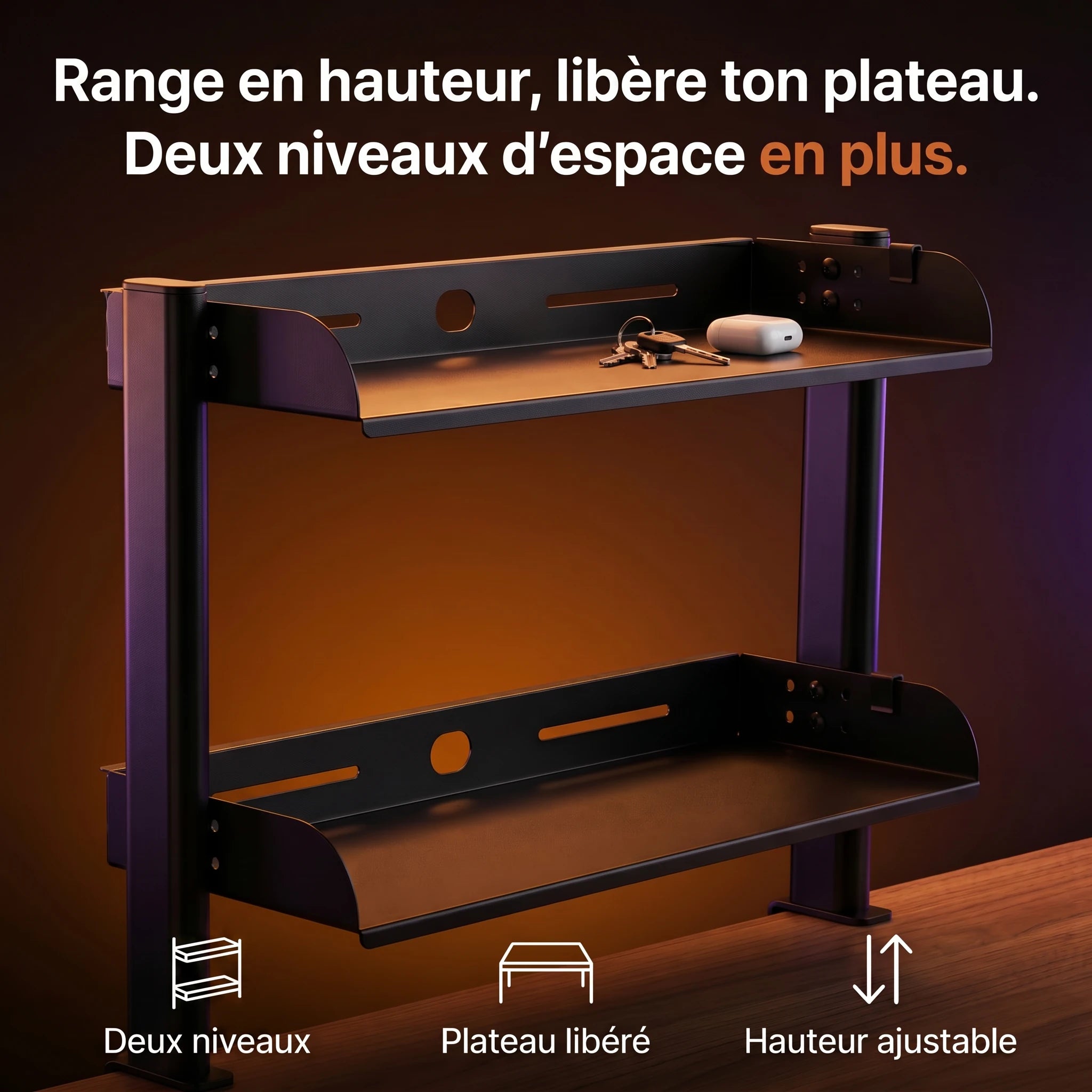 Étagère de bureau ProSetup à 2 niveaux, rangement en hauteur au-dessus du plateau