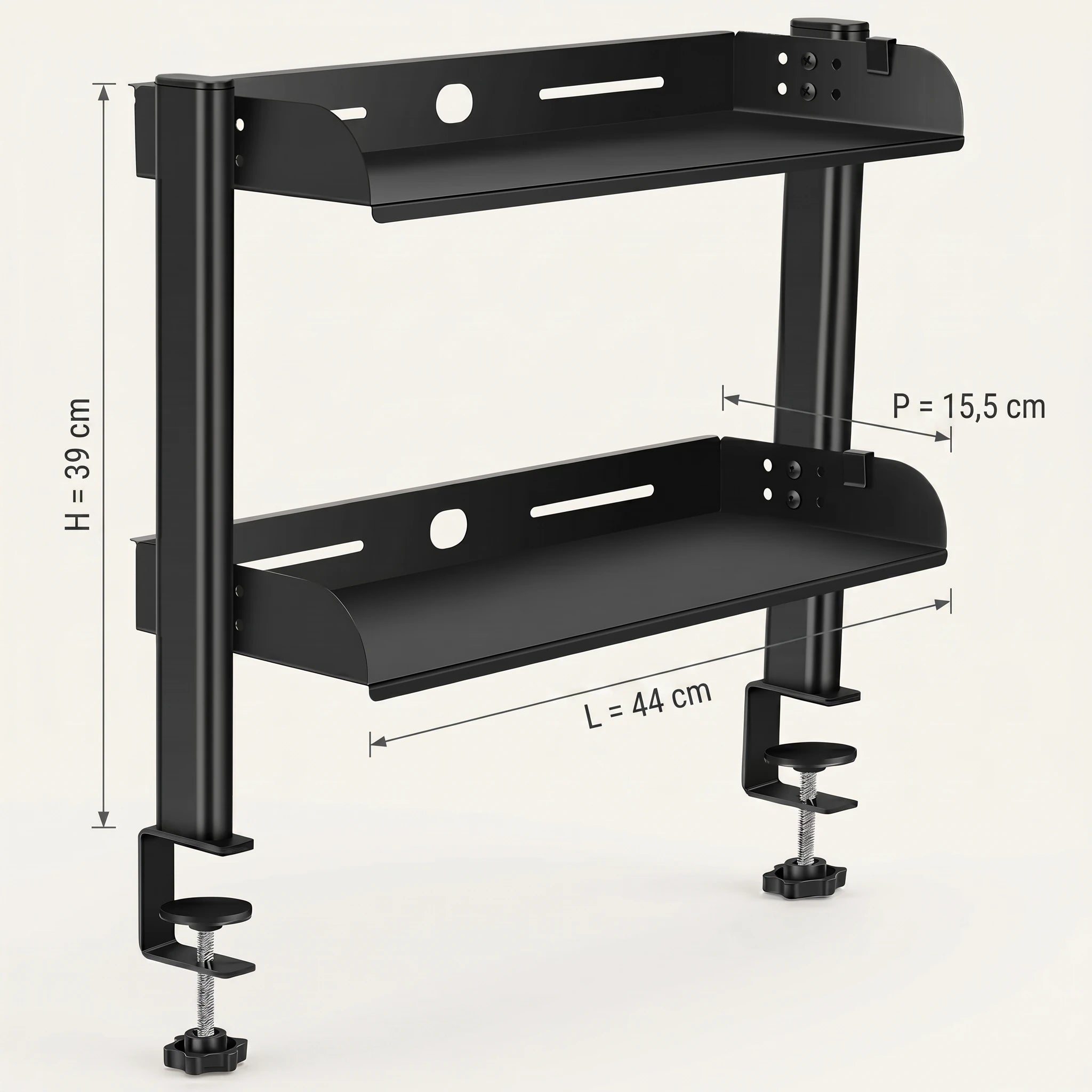 Étagère de bureau 2 niveaux à pince ProSetup, schéma des dimensions, hauteur ajustable