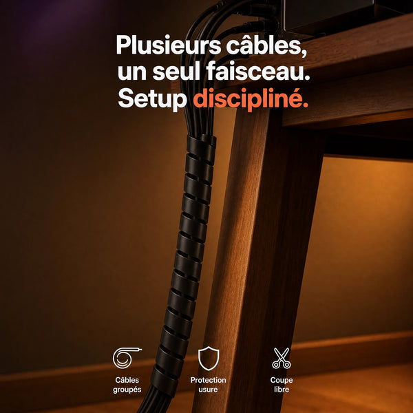 Câbles de bureau regroupés en un faisceau net grâce à la gaine spiralée cache-câbles ProSetup