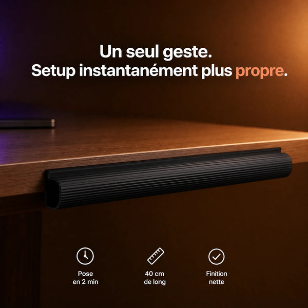 Bureau épuré sans câbles apparents grâce à la goulotte cache-câbles adhésive ProSetup