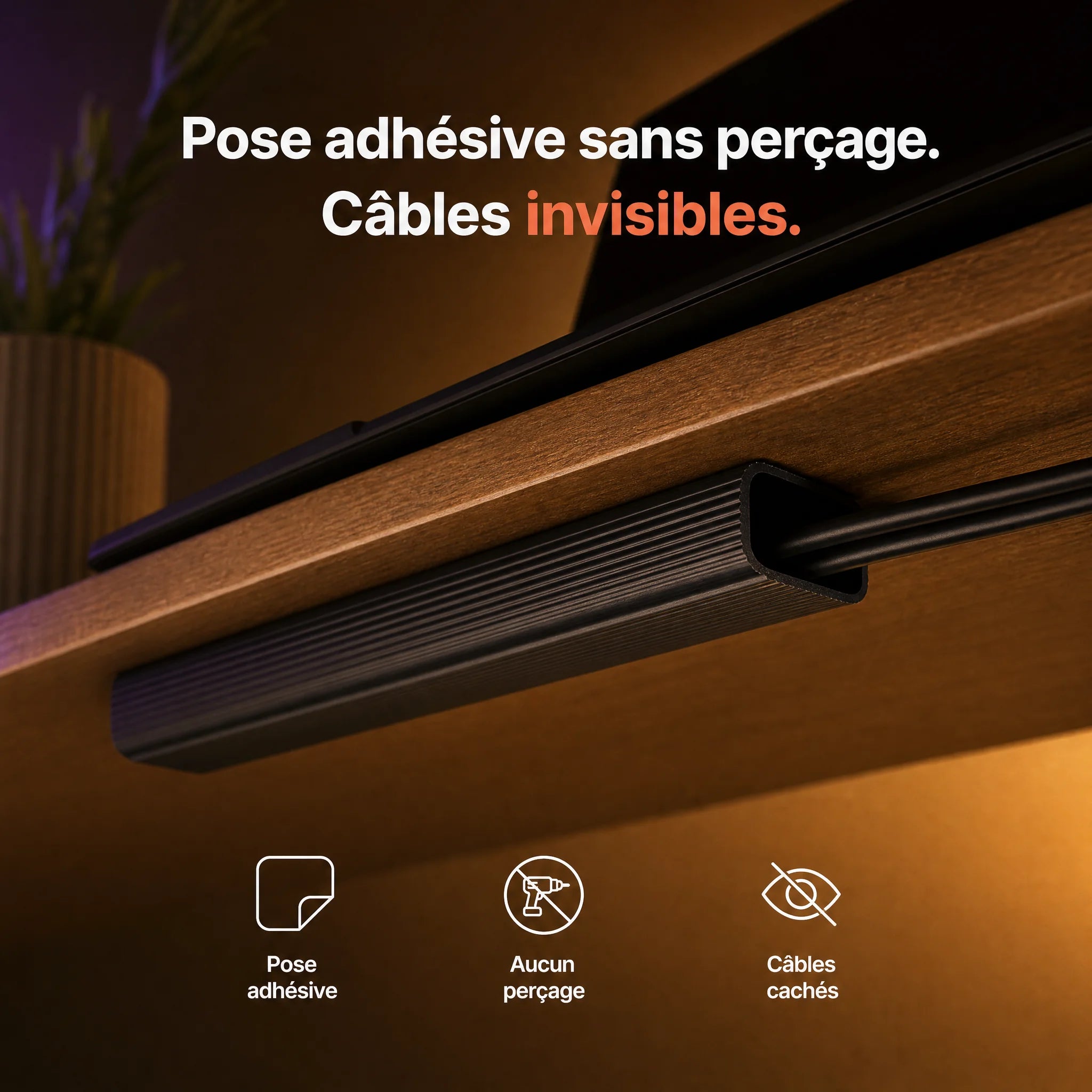Goulotte cache-câbles ProSetup fixée sous le bureau, câbles regroupés et masqués