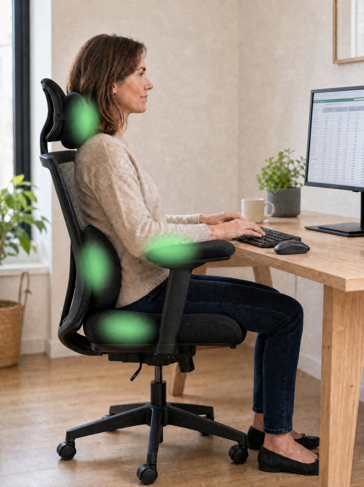 Femme assise droite sur une chaise de bureau équipée du Pack Pro : appui-tête, coussin lombaire, assise et accoudoirs