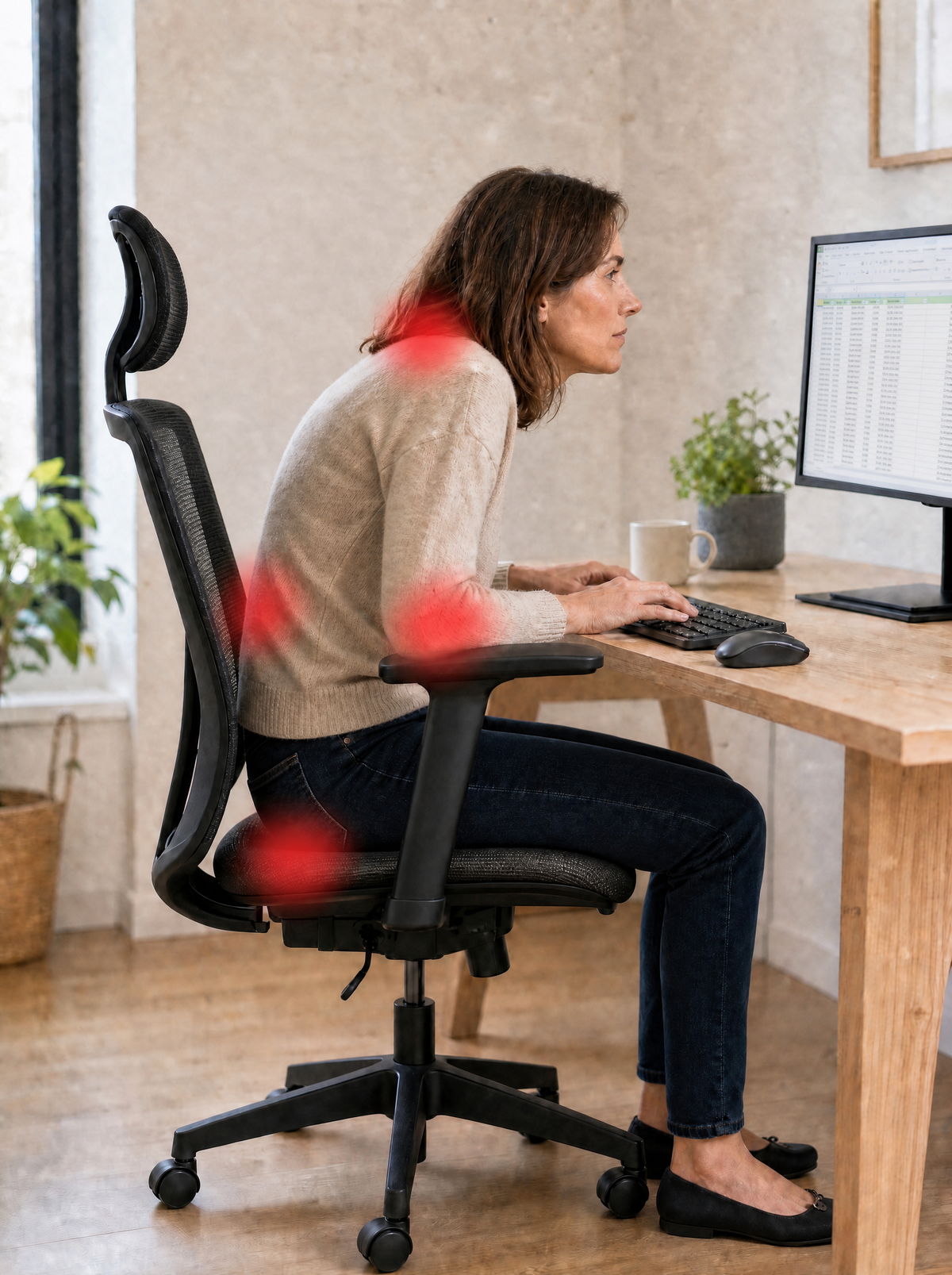 Femme courbée vers son écran sur une chaise de bureau sans coussin