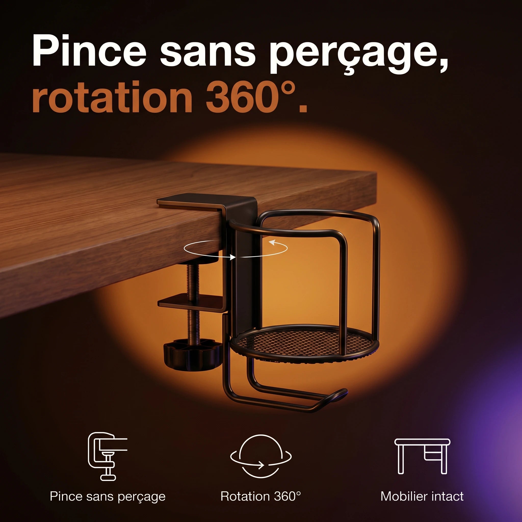 Porte-gobelet ProSetup fixé par pince sans perçage, rotation 360° pour orienter la boisson
