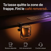 Porte-gobelet ProSetup pincé au bord du bureau, boisson déportée hors de la zone de frappe