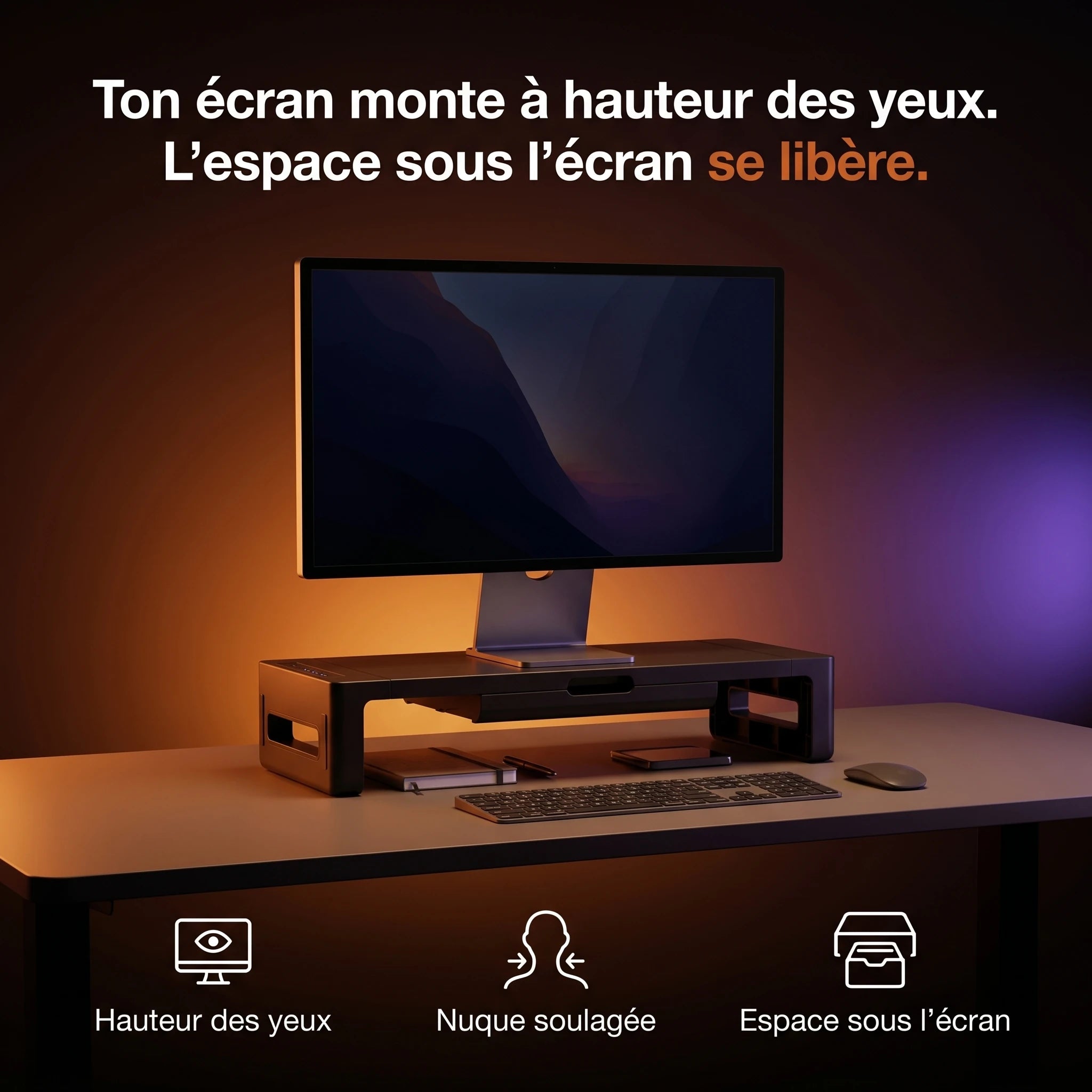 Écran remonté à hauteur des yeux sur le rehausseur ProSetup pour une meilleure posture