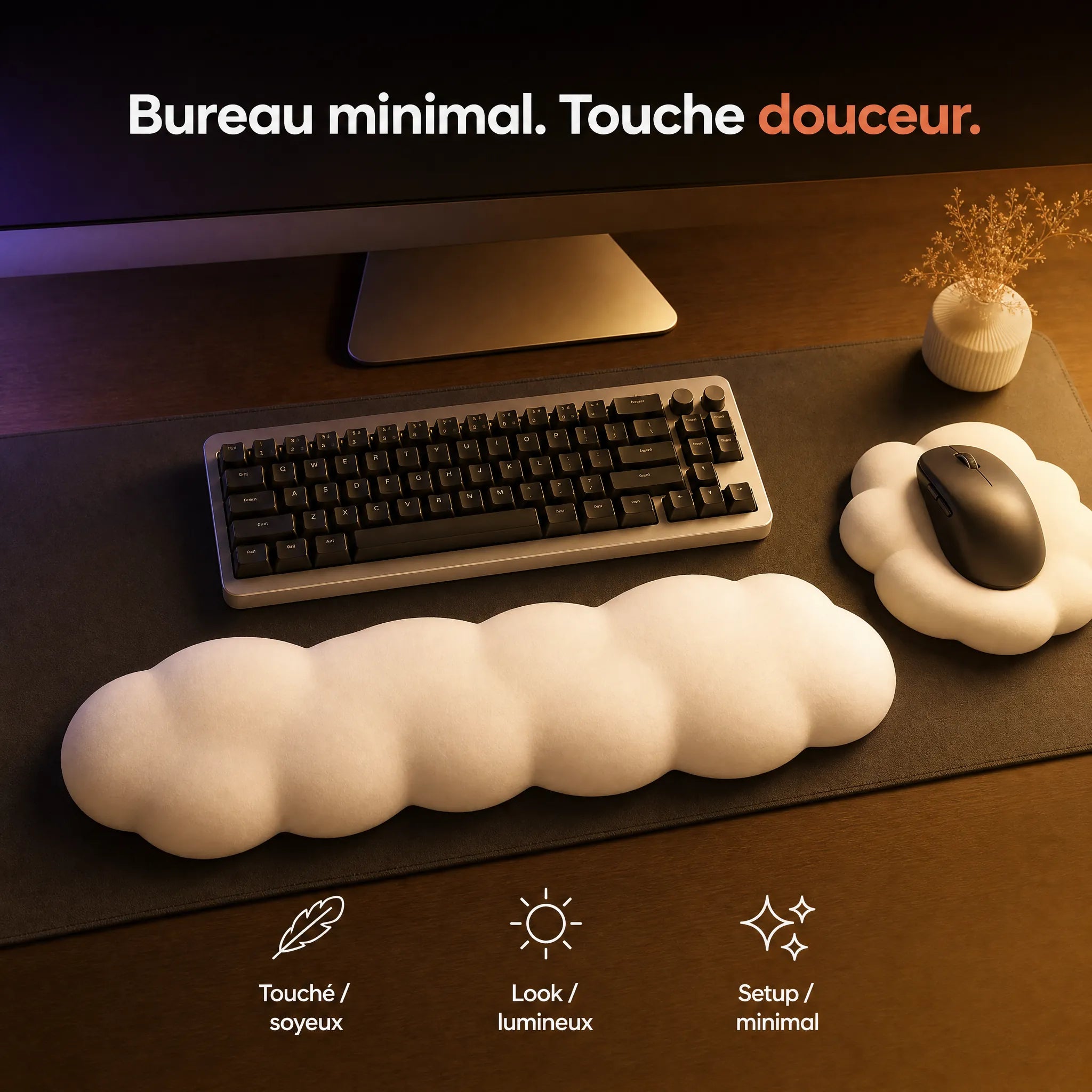 Setup bureau minimal avec repose-poignet nuage clavier et souris ProSetup