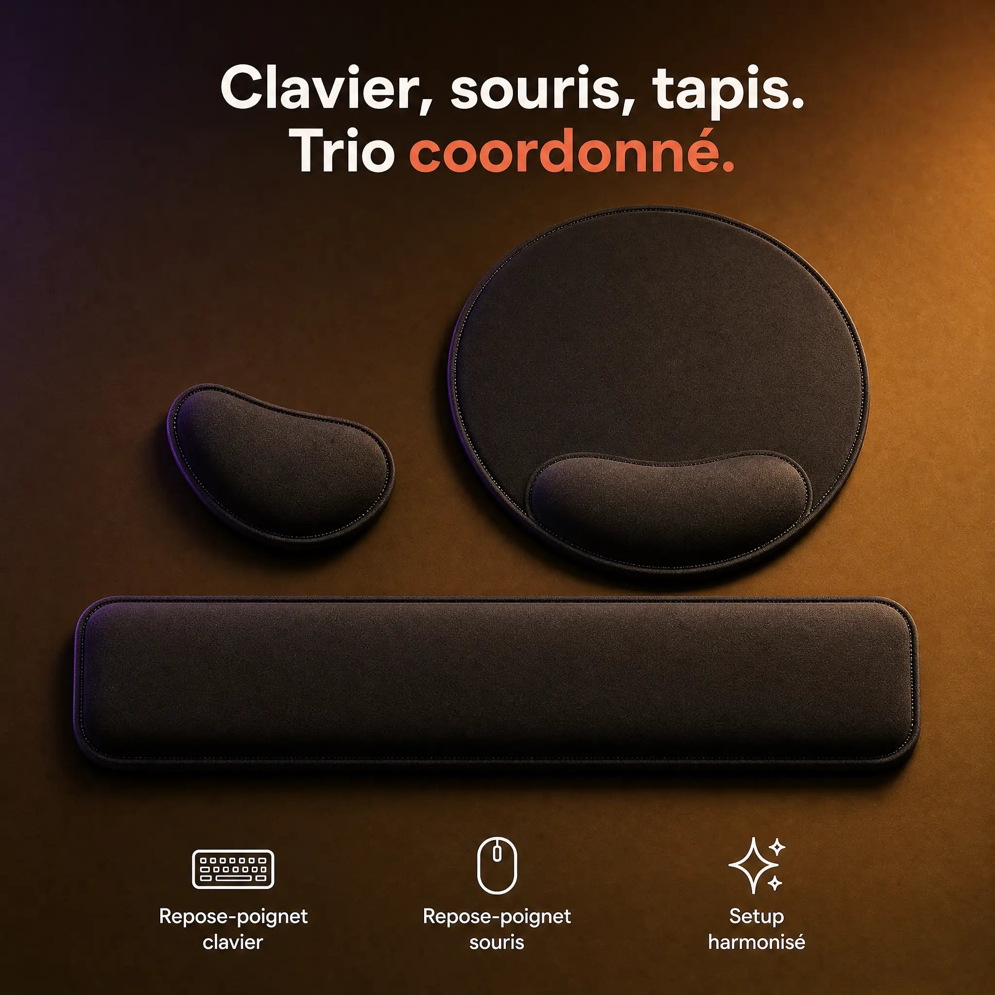 Trio coordonné repose-poignet clavier, souris et tapis corporate noir ProSetup