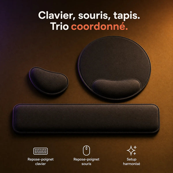 Trio coordonné repose-poignet clavier, souris et tapis corporate noir ProSetup