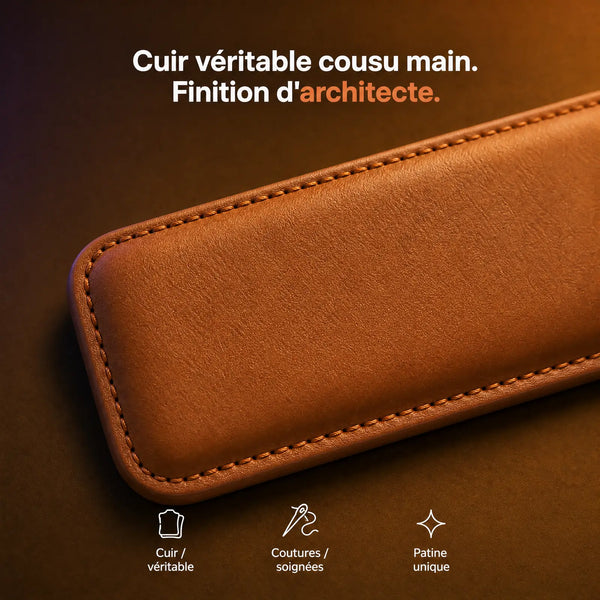Repose-poignet clavier cuir véritable cognac cousu main, finition haut de gamme