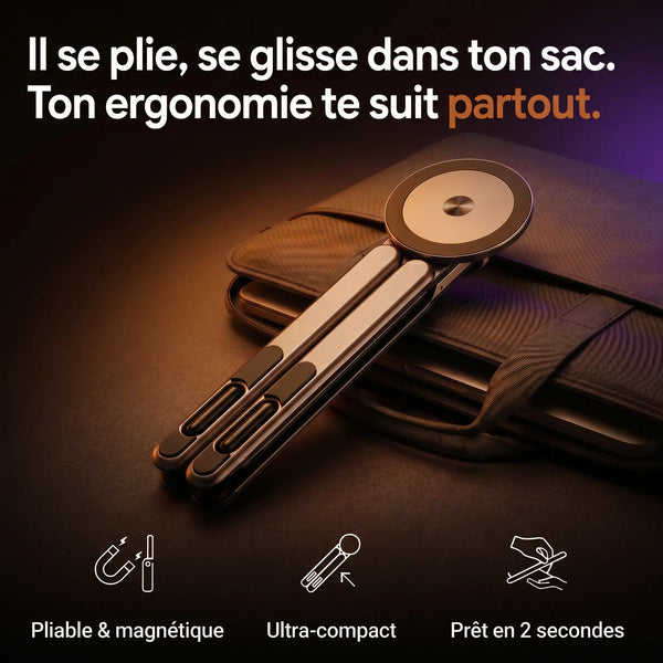 Support laptop ProSetup plié et compact, glissé près d'une housse d'ordinateur portable
