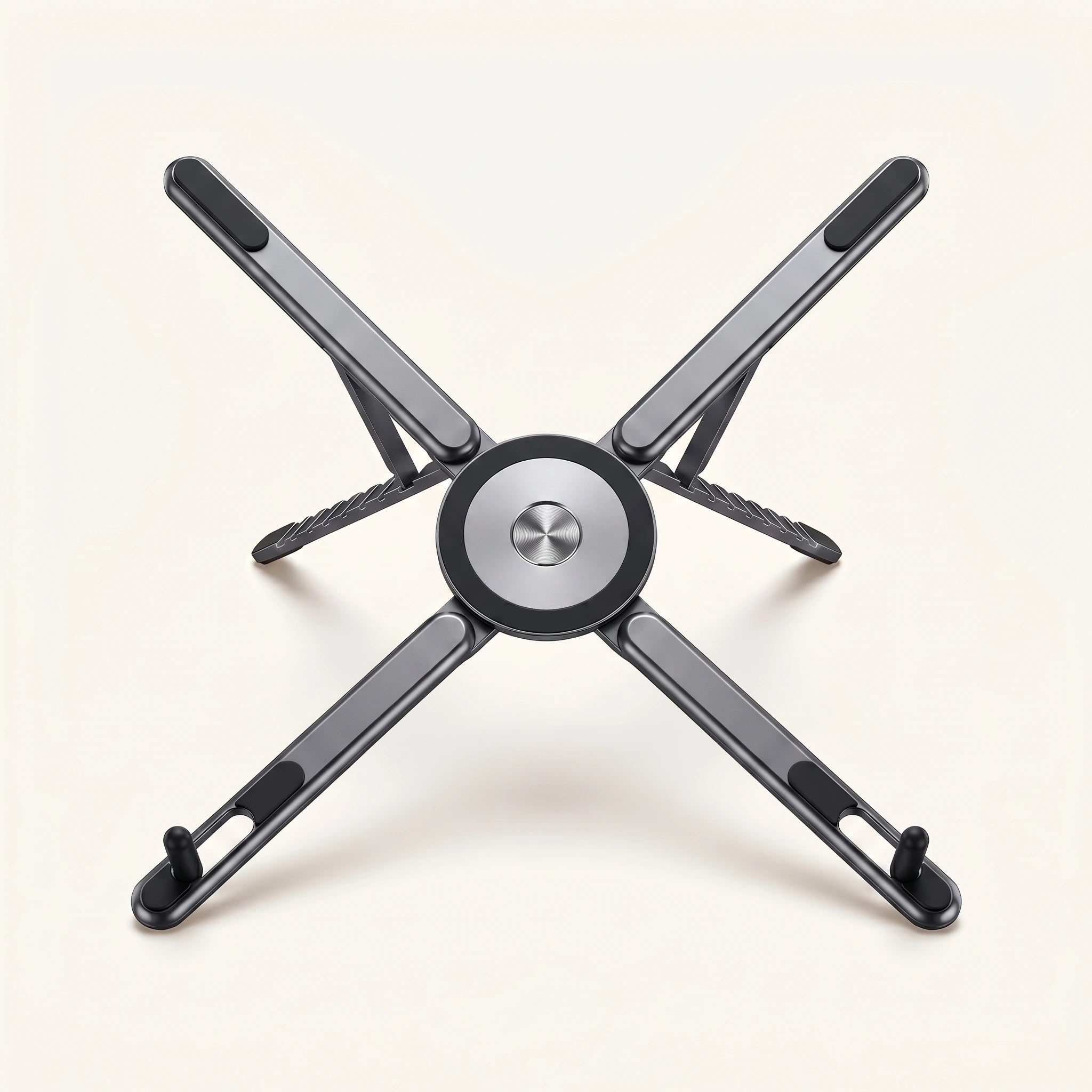 Support laptop pliable magnétique ProSetup en aluminium gris, déplié en étoile, packshot fond clair