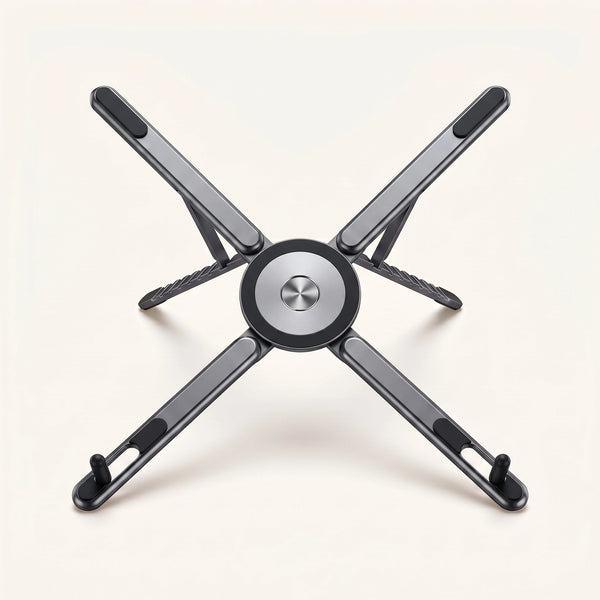 Support laptop pliable magnétique ProSetup en aluminium gris, déplié en étoile, packshot fond clair