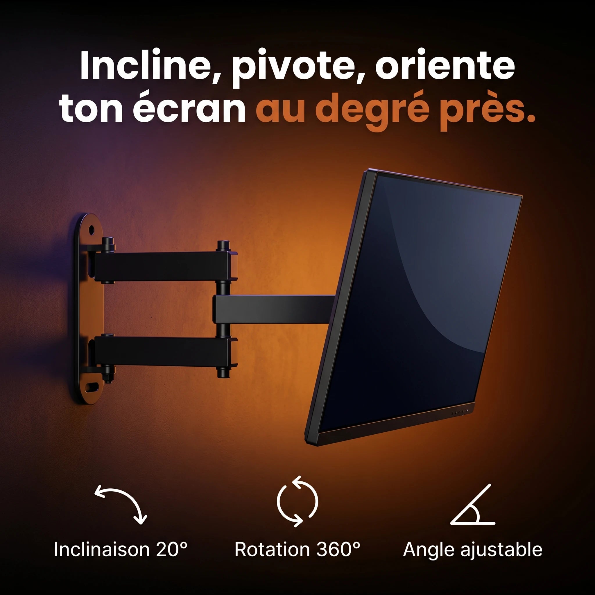 Écran sur le support mural ProSetup, inclinaison 20° et rotation 360° pour régler l'angle