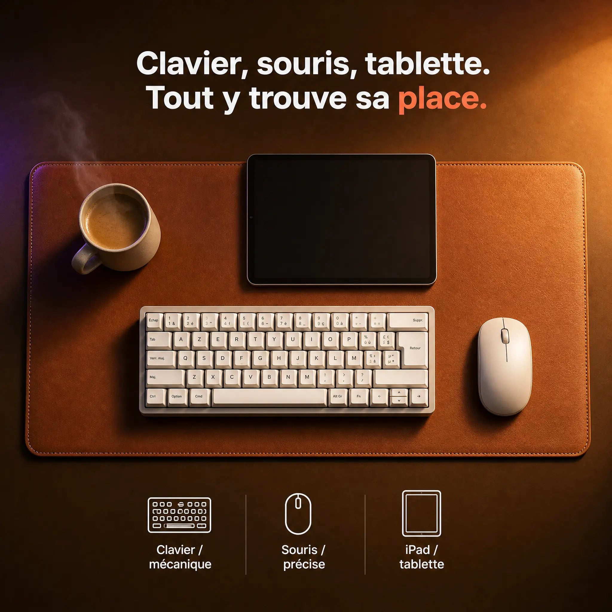 Tapis de bureau cuir avec clavier, souris et tablette, surface multi-accessoires