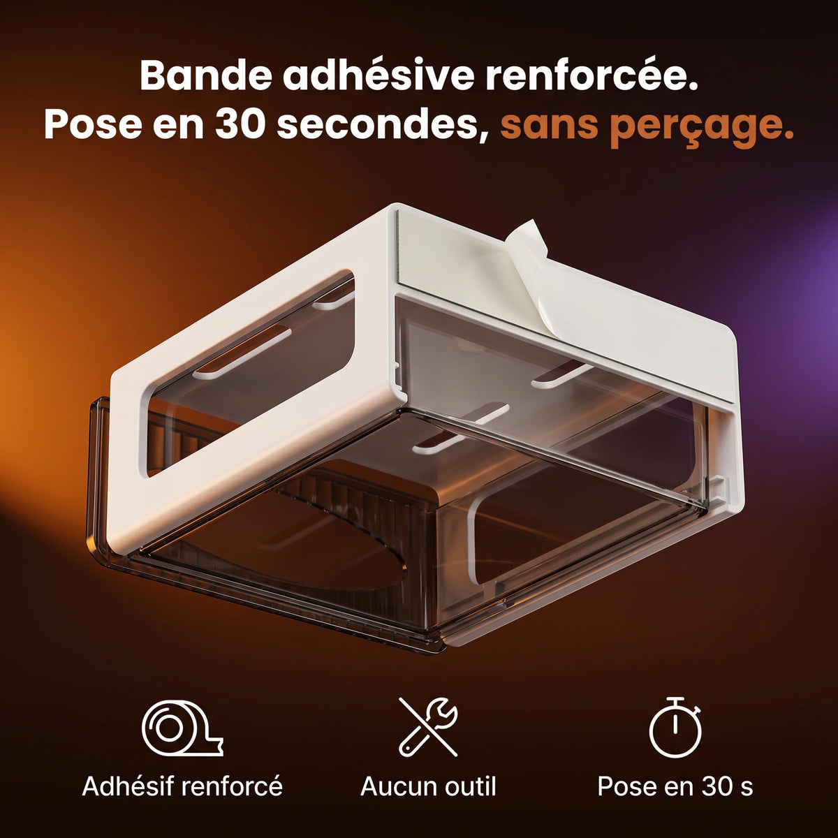 Tiroir de rangement ProSetup fixé sous le bureau par adhésif renforcé, sans perçage