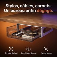Tiroir de rangement adhésif ProSetup ouvert sous le bureau, stylos et accessoires rangés