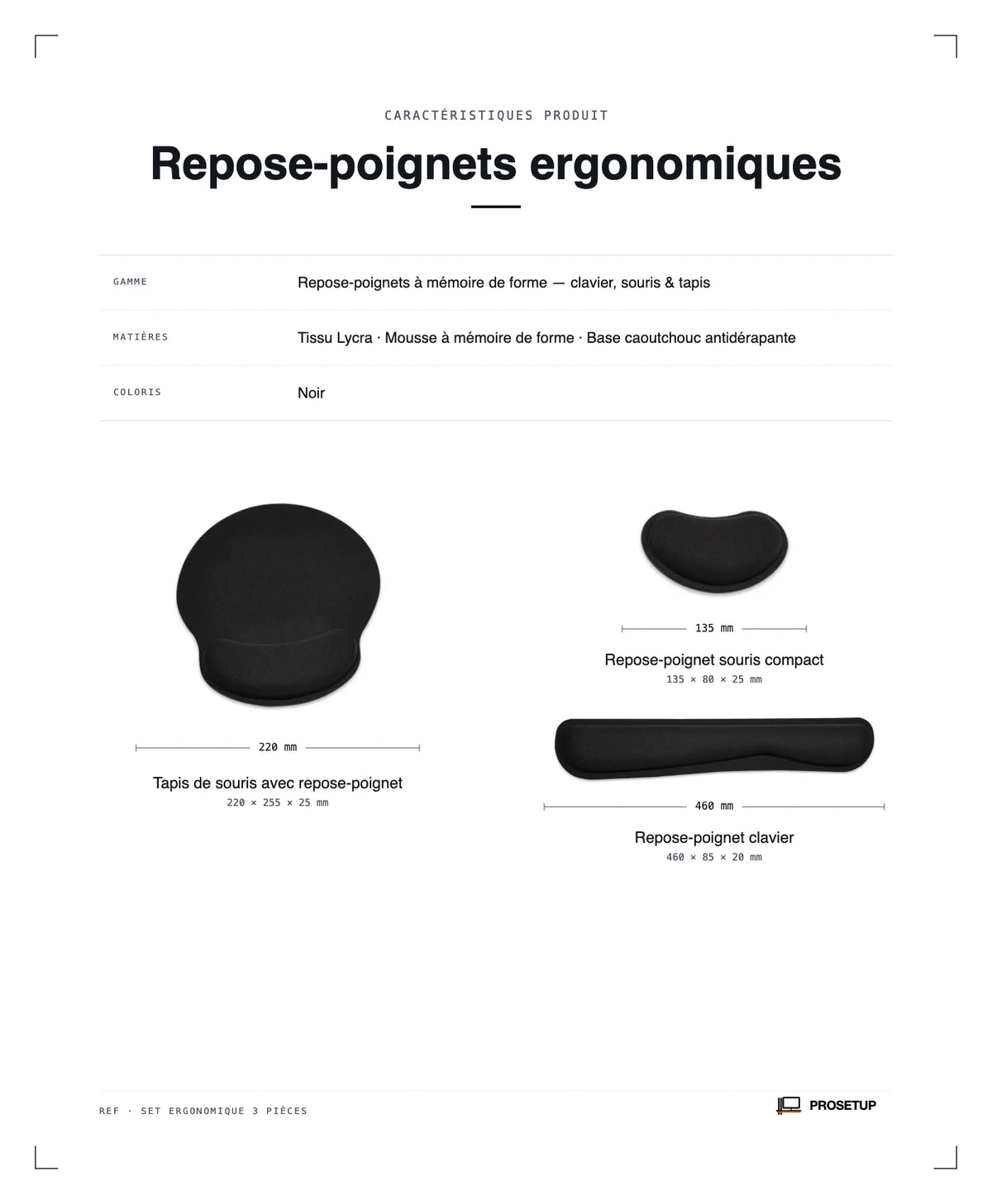 Fiche technique et caractéristiques repose-poignet mémoire de forme ProSetup