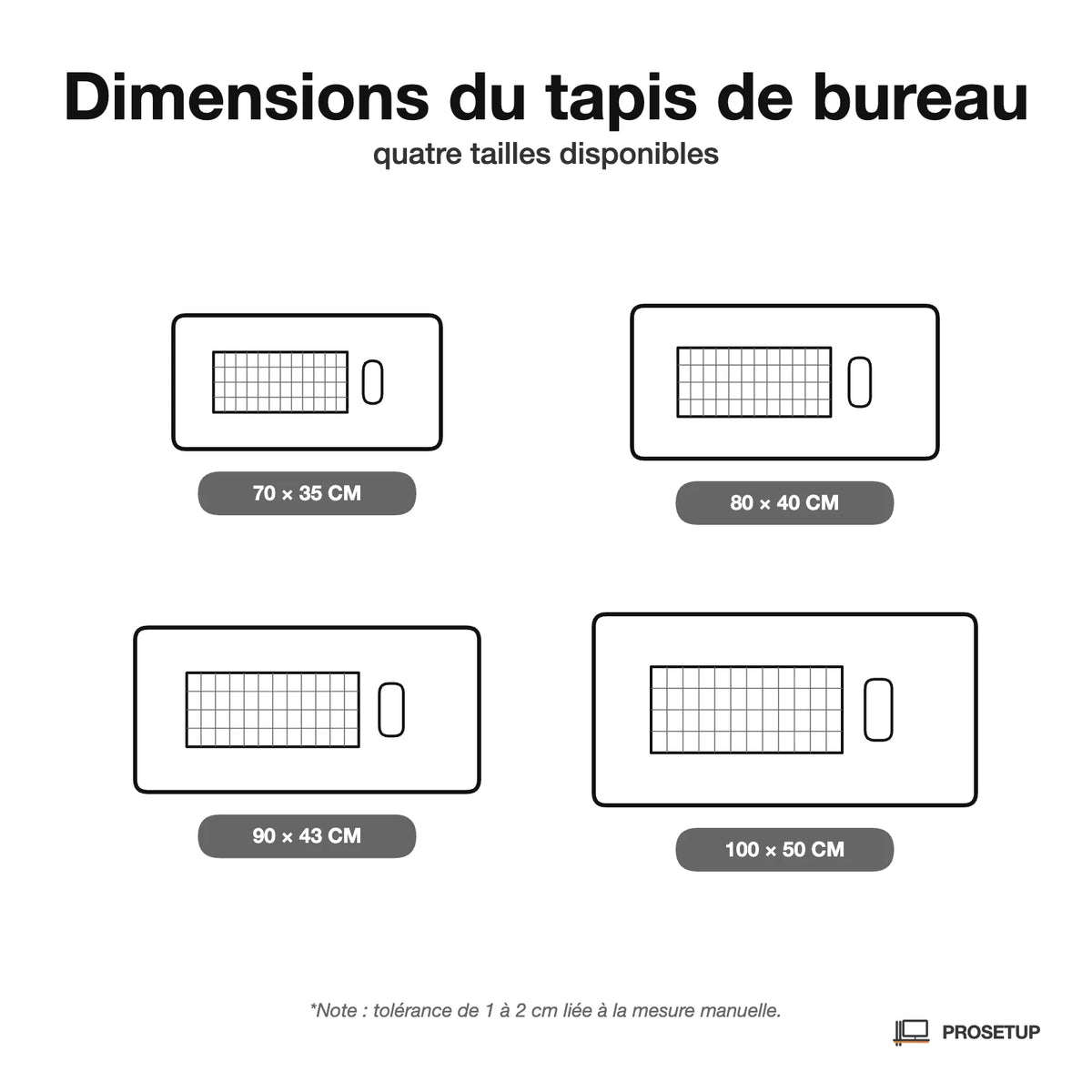 Guide des dimensions tapis de bureau cuir ProSetup : formats 70, 80, 90 et 100 cm